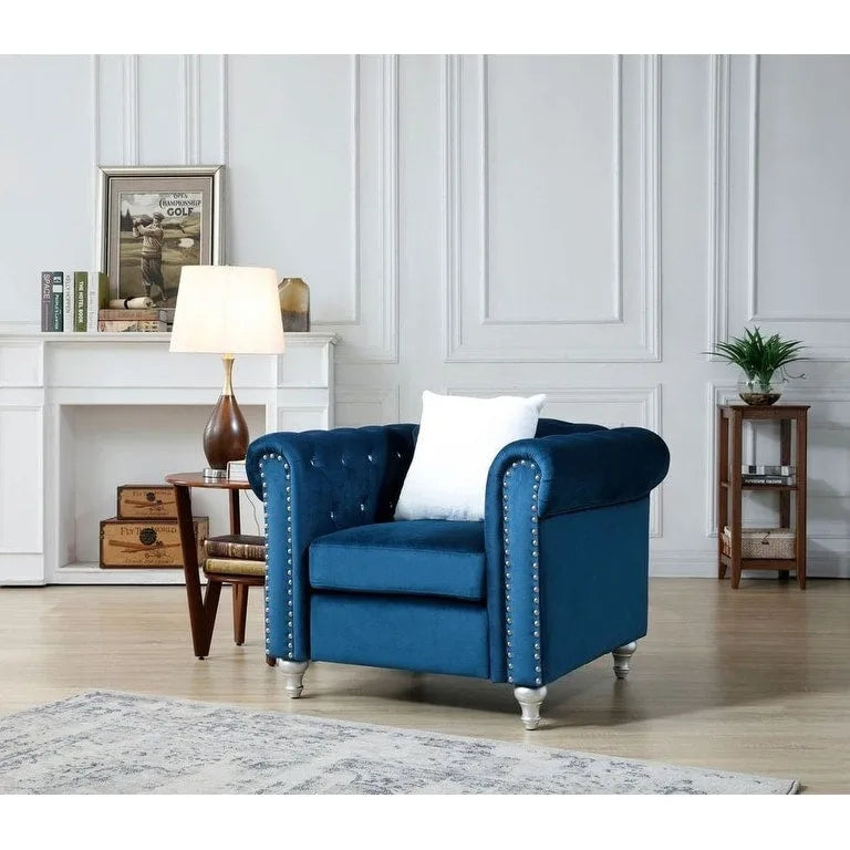 Fauteuil d'appoint en velours capitonné avec clous décoratifs en cristal et accoudoirs roulés