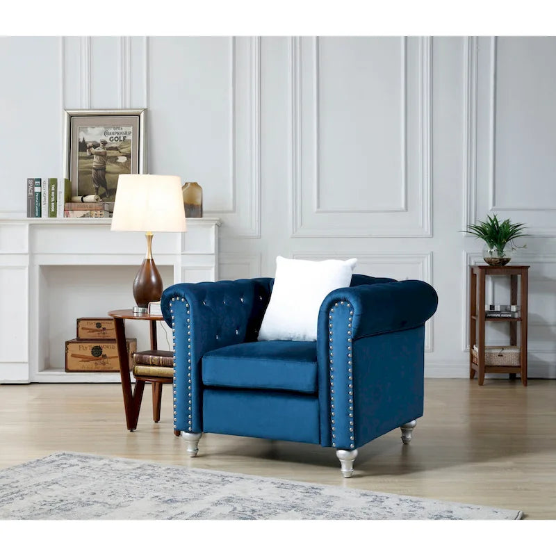 Fauteuil d'appoint en velours capitonné avec clous décoratifs en cristal et accoudoirs roulés