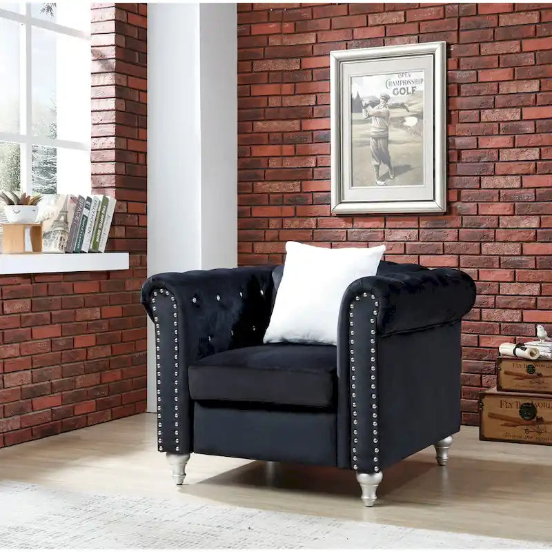 Fauteuil d'appoint en velours capitonné avec clous décoratifs en cristal et accoudoirs roulés
