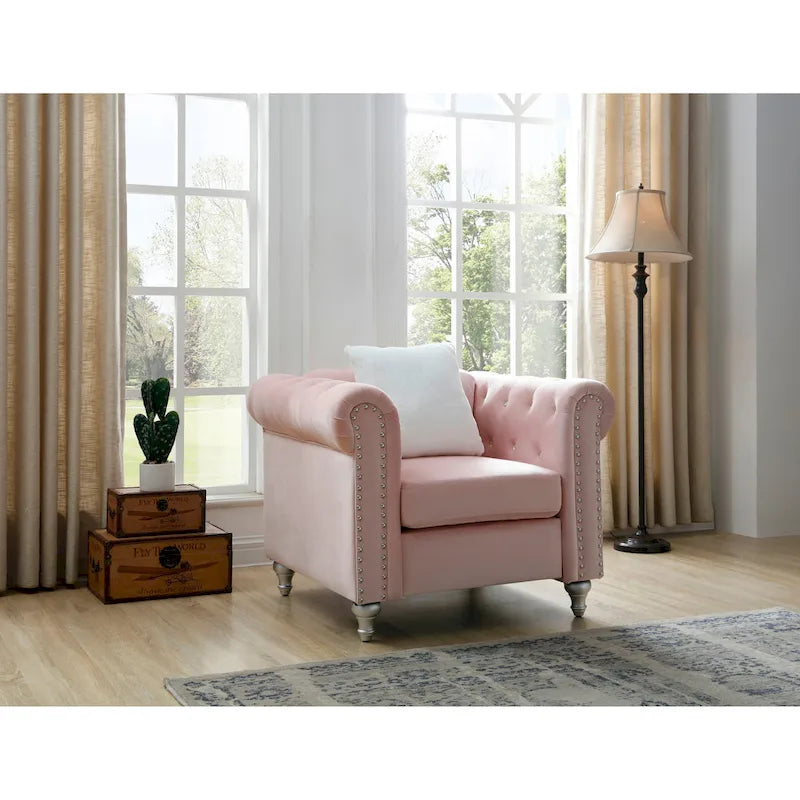 Fauteuil d'appoint en velours capitonné avec clous décoratifs en cristal et accoudoirs roulés