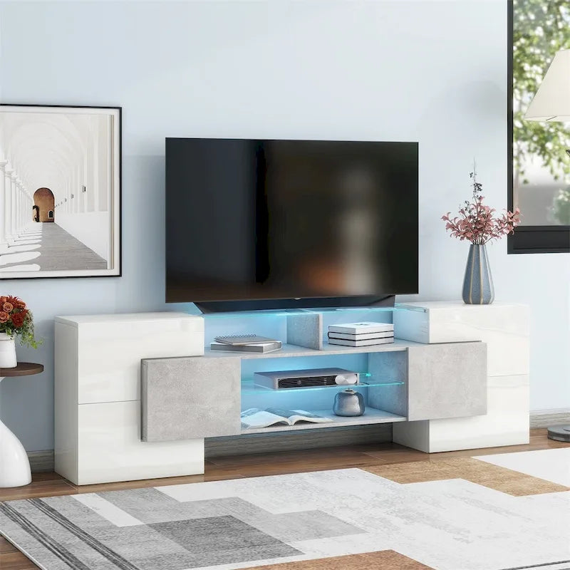 Meuble TV LED laqué brillant avec étagères en verre éclairées, blanc et gris