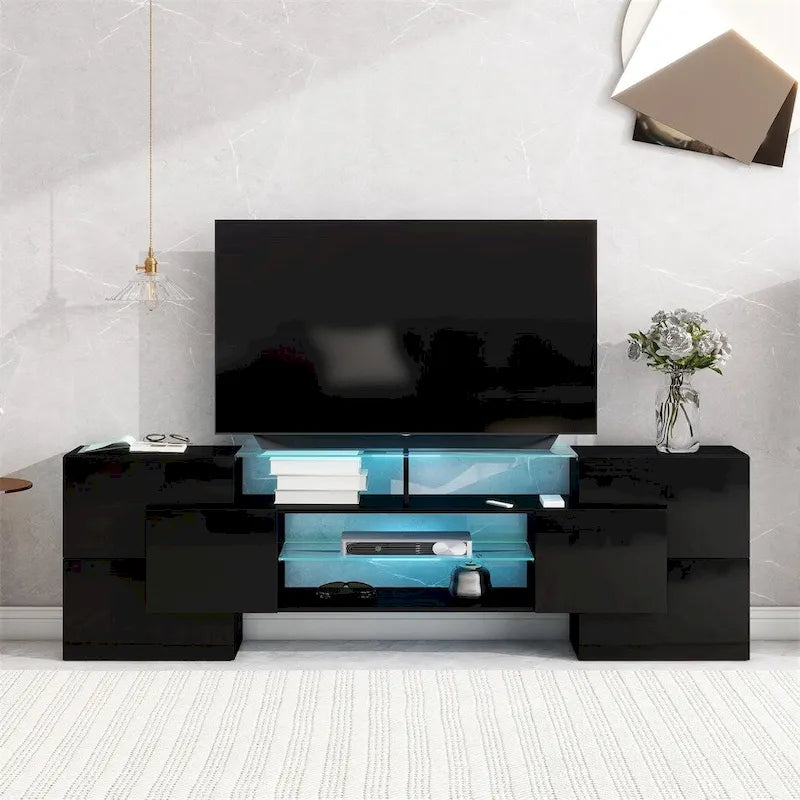 Meuble TV LED laqué brillant avec étagères en verre éclairées, blanc et gris