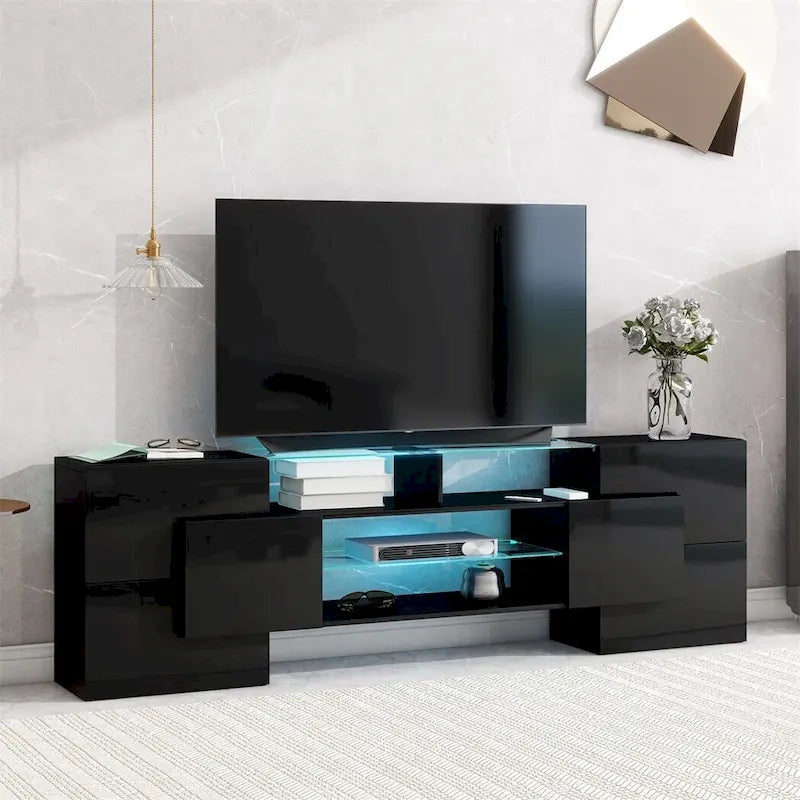 Meuble TV LED laqué brillant avec étagères en verre éclairées, blanc et gris