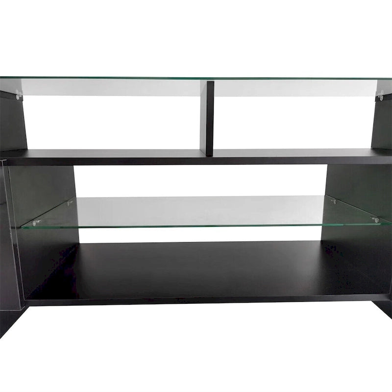 Meuble TV LED laqué brillant avec étagères en verre éclairées, blanc et gris