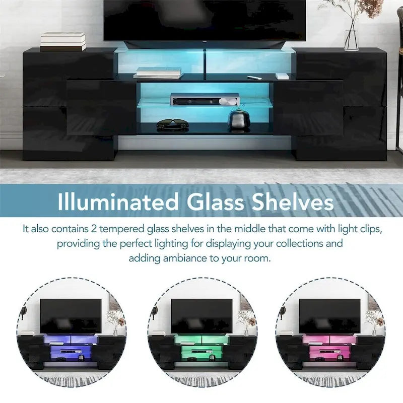Meuble TV LED laqué brillant avec étagères en verre éclairées, blanc et gris