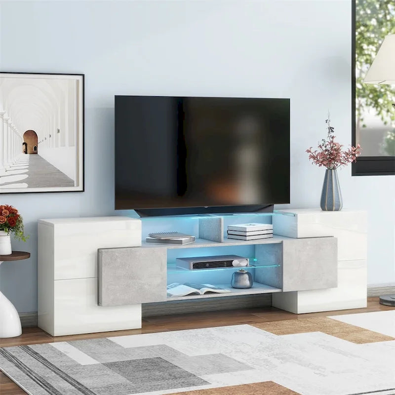 Meuble TV LED laqué brillant avec étagères en verre éclairées, blanc et gris