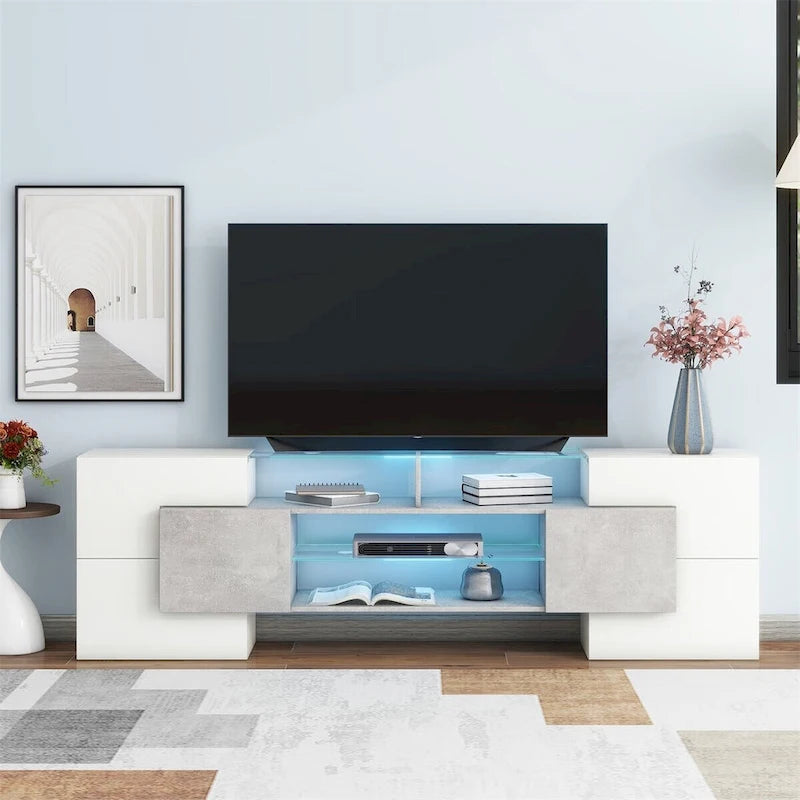 Meuble TV LED laqué brillant avec étagères en verre éclairées, blanc et gris