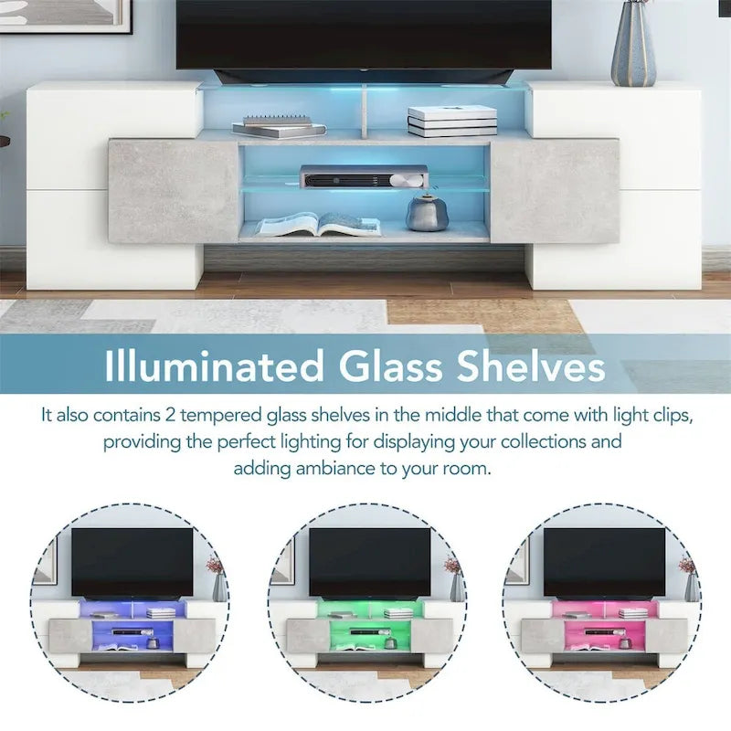 Meuble TV LED laqué brillant avec étagères en verre éclairées, blanc et gris