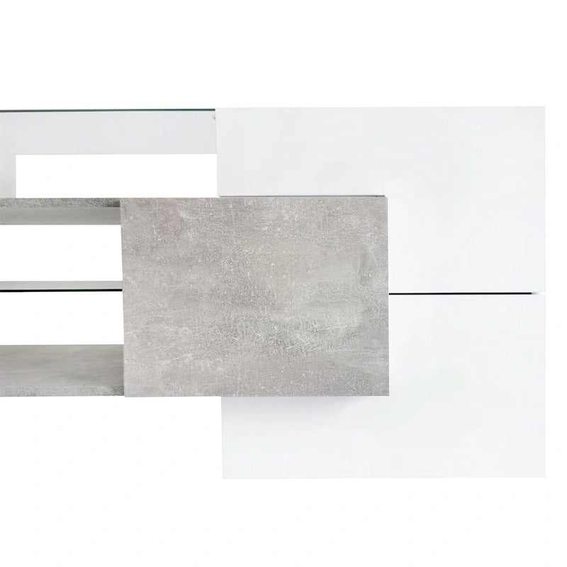 Meuble TV LED laqué brillant avec étagères en verre éclairées, blanc et gris