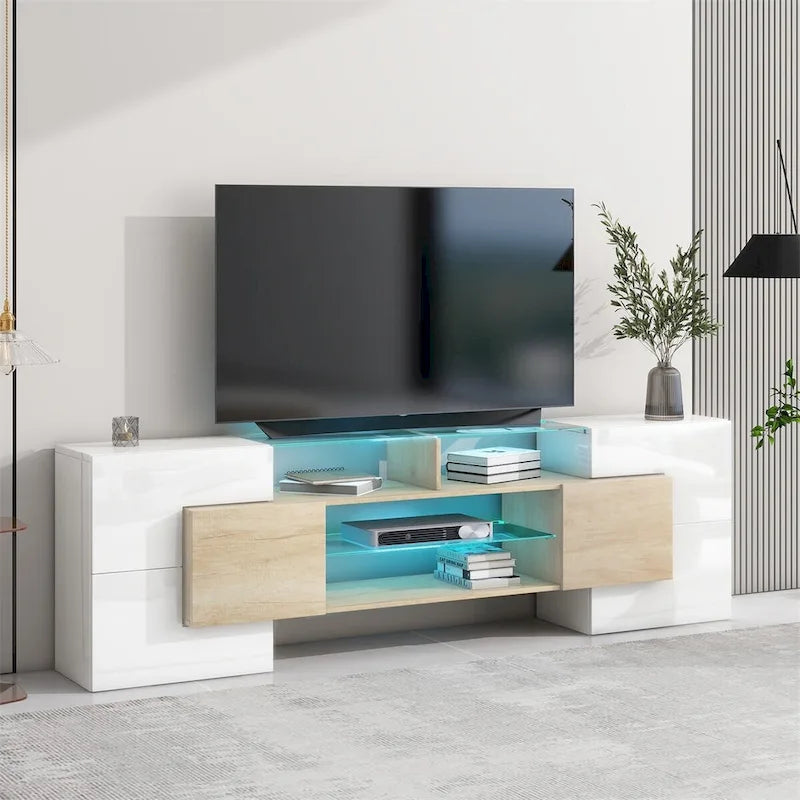 Meuble TV LED laqué brillant avec étagères en verre éclairées, blanc et gris