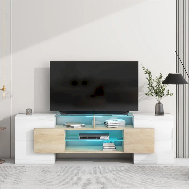 Meuble TV LED laqué brillant avec étagères en verre éclairées, blanc et gris