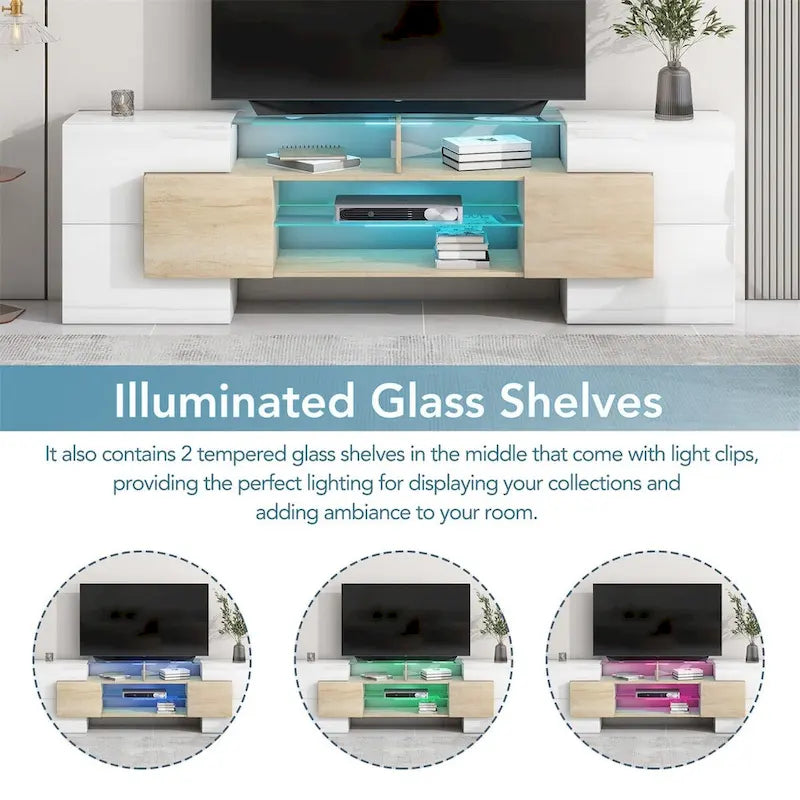 Meuble TV LED laqué brillant avec étagères en verre éclairées, blanc et gris