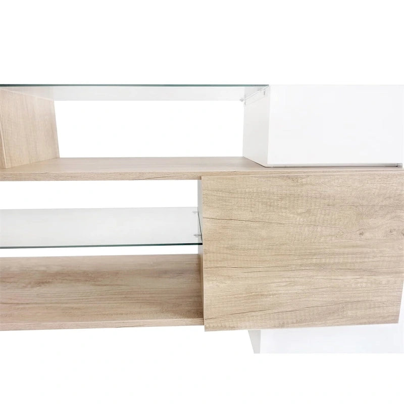 Meuble TV LED laqué brillant avec étagères en verre éclairées, blanc et gris
