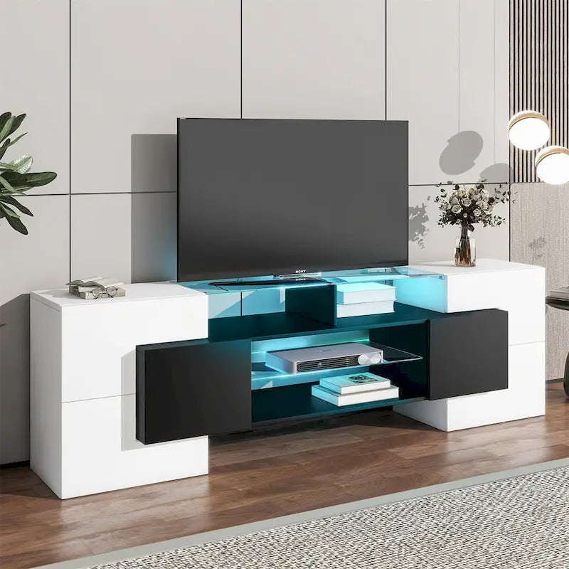 Meuble TV LED laqué brillant avec étagères en verre éclairées, blanc et gris