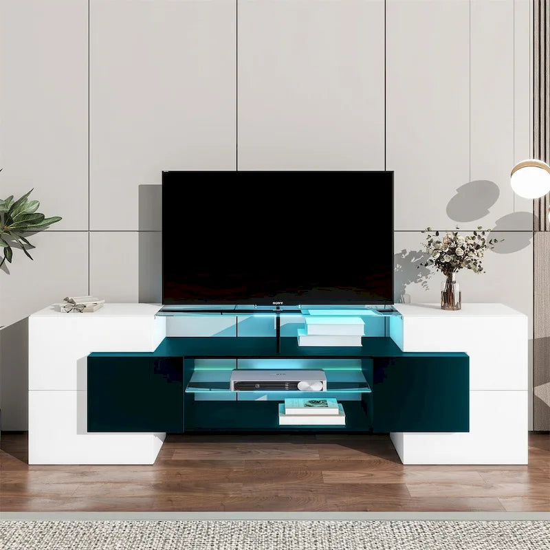 Meuble TV LED laqué brillant avec étagères en verre éclairées, blanc et gris