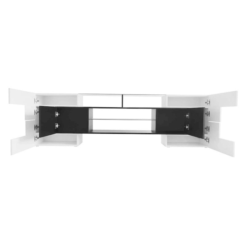 Meuble TV LED laqué brillant avec étagères en verre éclairées, blanc et gris