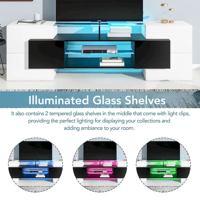 Meuble TV LED laqué brillant avec étagères en verre éclairées, blanc et gris