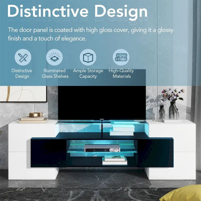 Meuble TV LED laqué brillant avec étagères en verre éclairées, blanc et gris