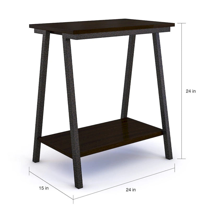 Guéridon d'appoint étroit en bois avec structure en métal et étagère inférieure