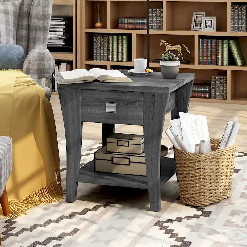 Table d'appoint grise moderne évasée avec tiroir et étagère ouverte
