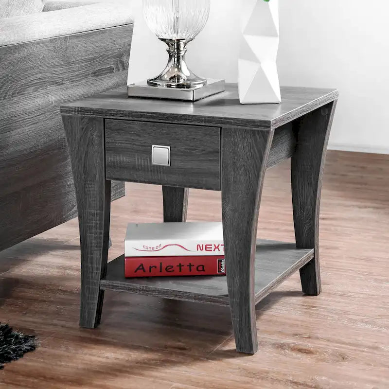 Table d'appoint grise moderne évasée avec tiroir et étagère ouverte