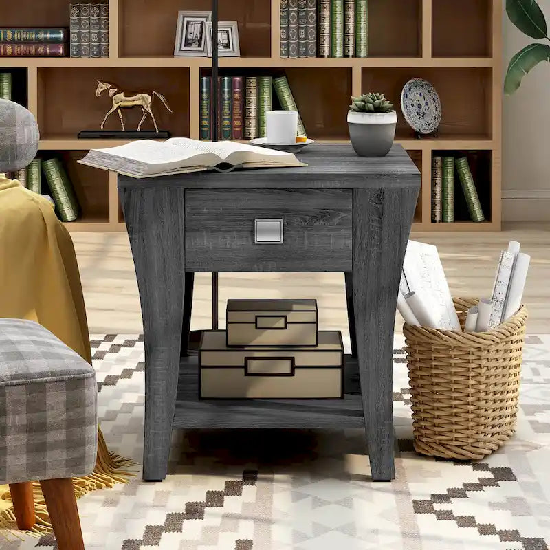Table d'appoint grise moderne évasée avec tiroir et étagère ouverte
