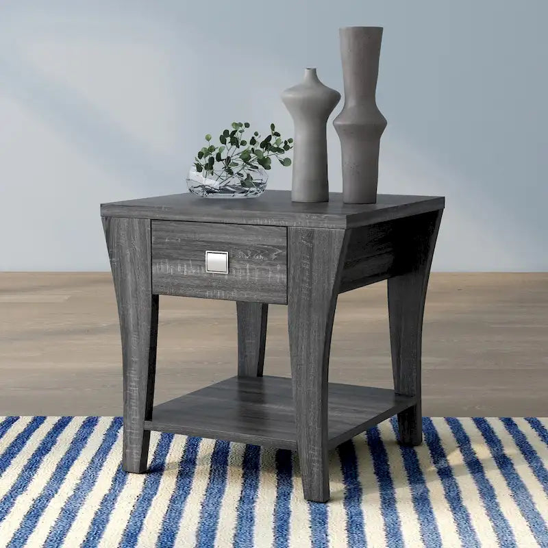 Table d'appoint grise moderne évasée avec tiroir et étagère ouverte