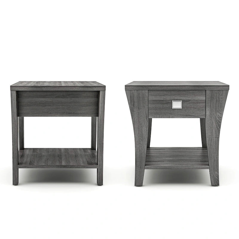 Table d'appoint grise moderne évasée avec tiroir et étagère ouverte