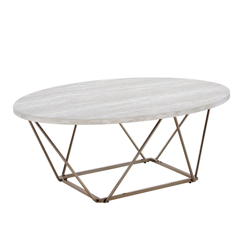 Table basse plateau imitation marbre blanc cassé base en métal couleur champagne