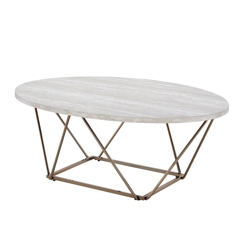 Table basse plateau imitation marbre blanc cassé base en métal couleur champagne