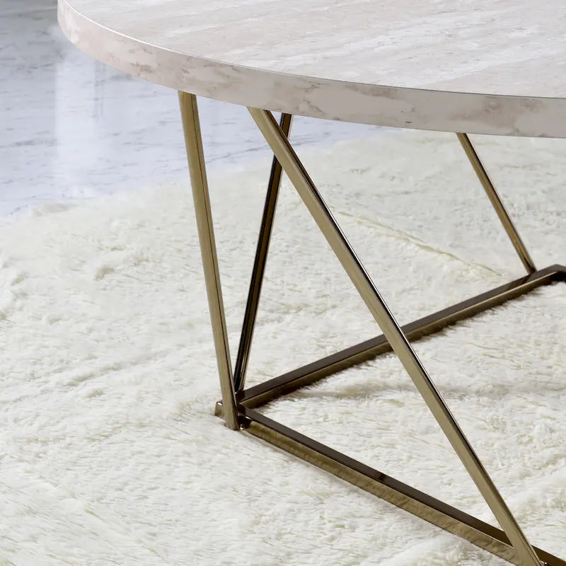Table basse plateau imitation marbre blanc cassé base en métal couleur champagne