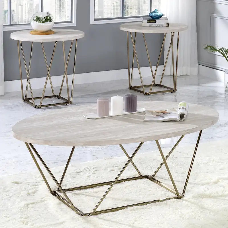 Table basse plateau imitation marbre blanc cassé base en métal couleur champagne