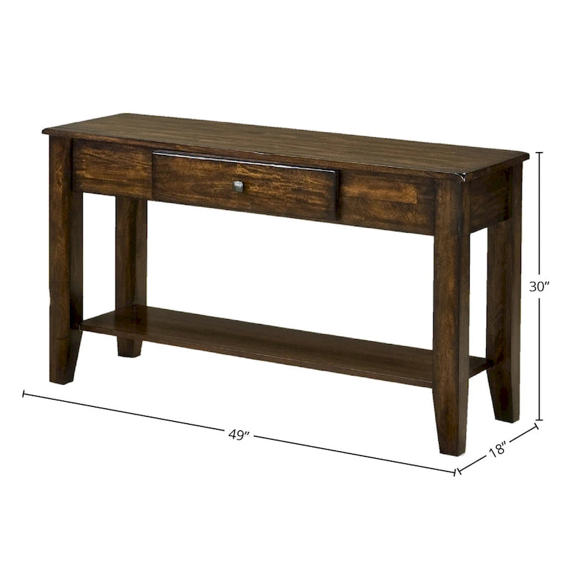 Console en bois de manguier massif avec tiroir et étagère inférieure, marron