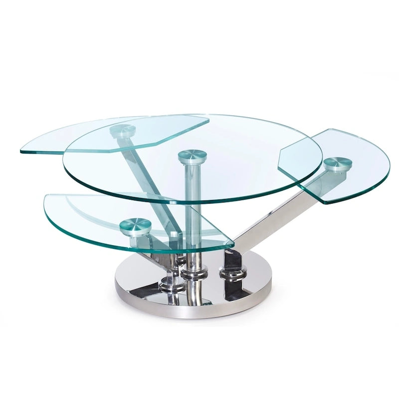 Table basse ronde pivotante en verre avec base en argent poli