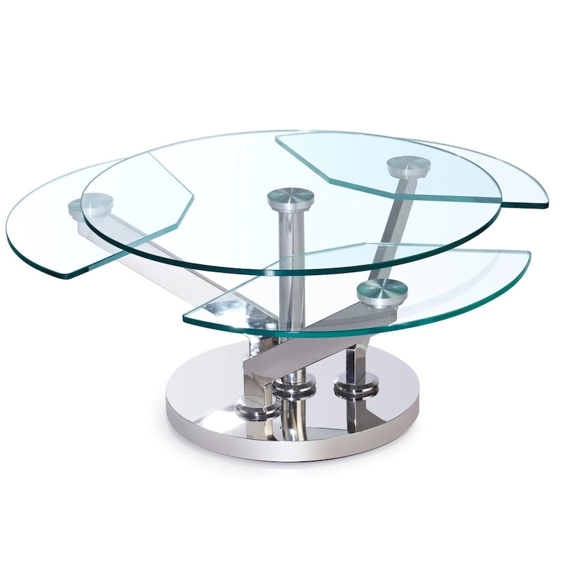 Table basse ronde pivotante en verre avec base en argent poli