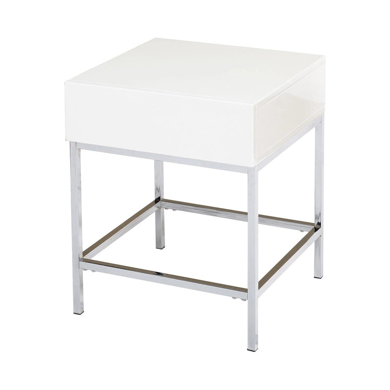 Bout de canapé carré blanc MDF brillant avec structure en métal chromé