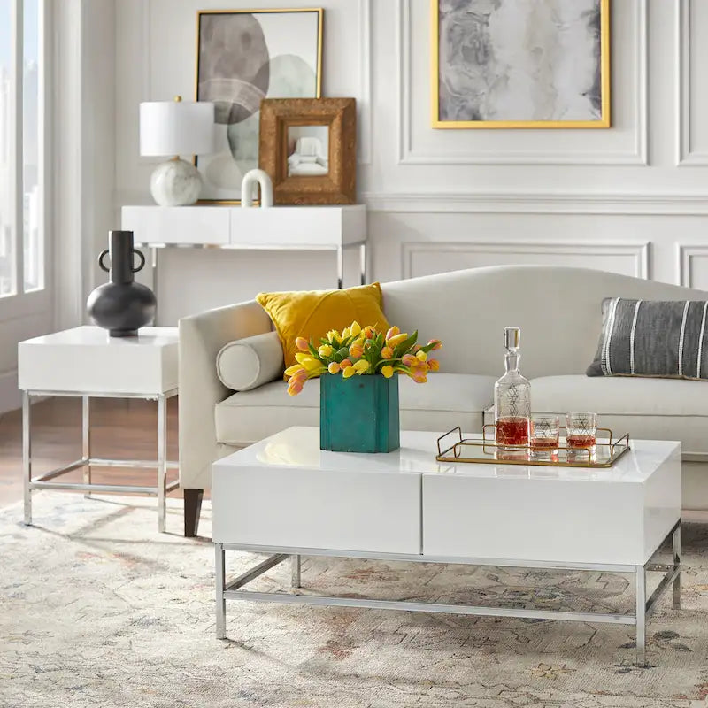 Bout de canapé carré blanc MDF brillant avec structure en métal chromé