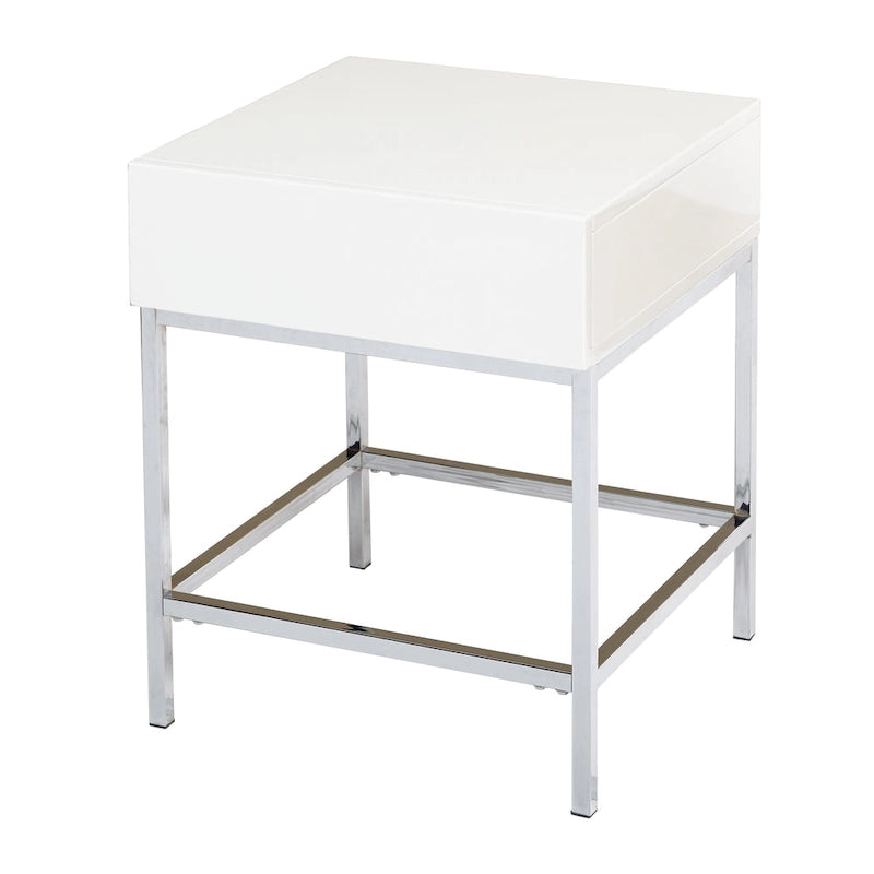 Bout de canapé carré blanc MDF brillant avec structure en métal chromé