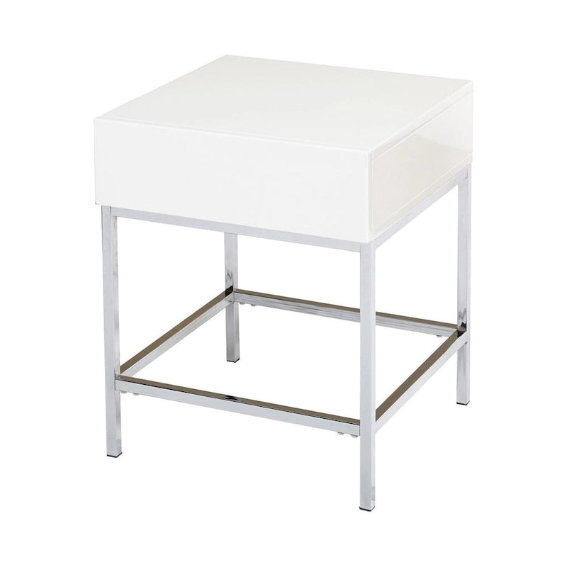 Bout de canapé carré blanc MDF brillant avec structure en métal chromé