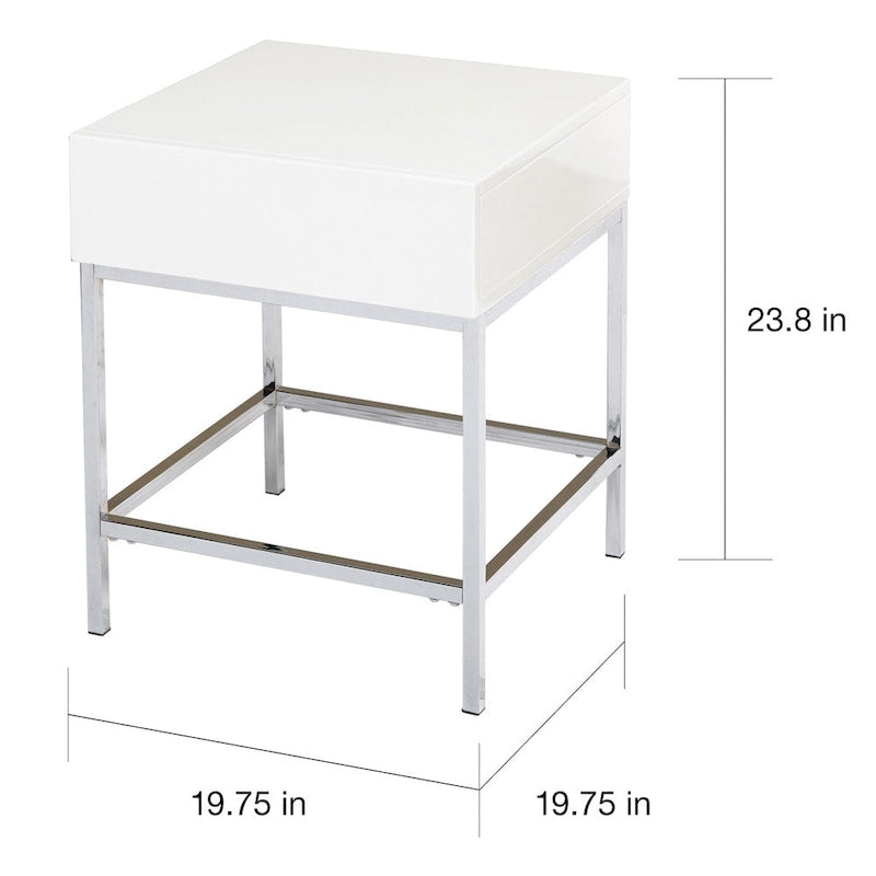 Bout de canapé carré blanc MDF brillant avec structure en métal chromé