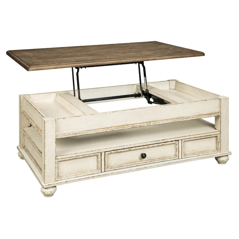 Table basse relevable bicolore blanc et marron de style rustique avec tiroir