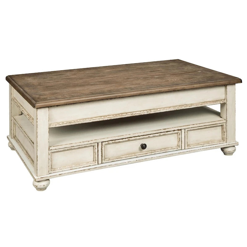 Table basse relevable bicolore blanc et marron de style rustique avec tiroir