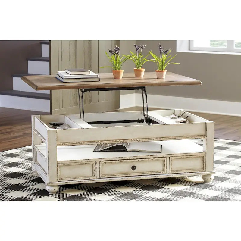Table basse relevable bicolore blanc et marron de style rustique avec tiroir