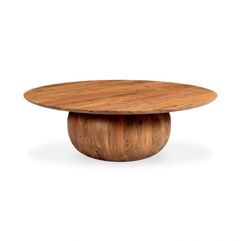 Table Basse Ronde en Bois d'Acacia Massif avec Pied Sculptural en Boule, Marron Naturel ou Noir