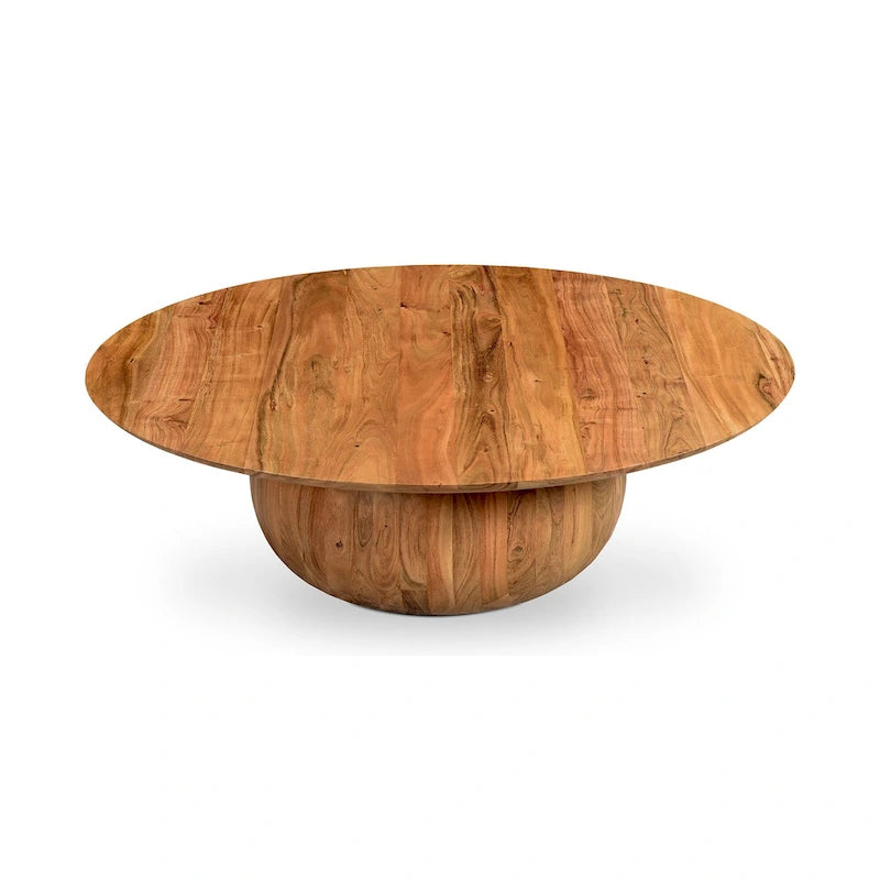 Table Basse Ronde en Bois d'Acacia Massif avec Pied Sculptural en Boule, Marron Naturel ou Noir