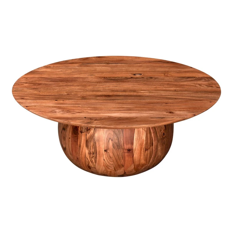 Table Basse Ronde en Bois d'Acacia Massif avec Pied Sculptural en Boule, Marron Naturel ou Noir