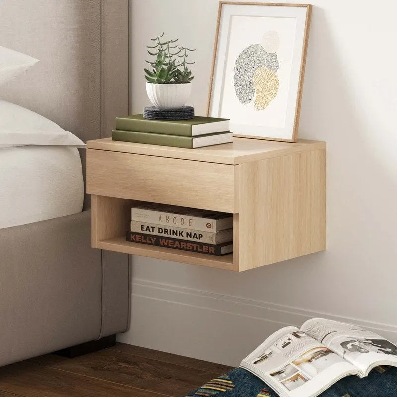 Table de chevet flottante murale avec tiroir et étagère ouverte