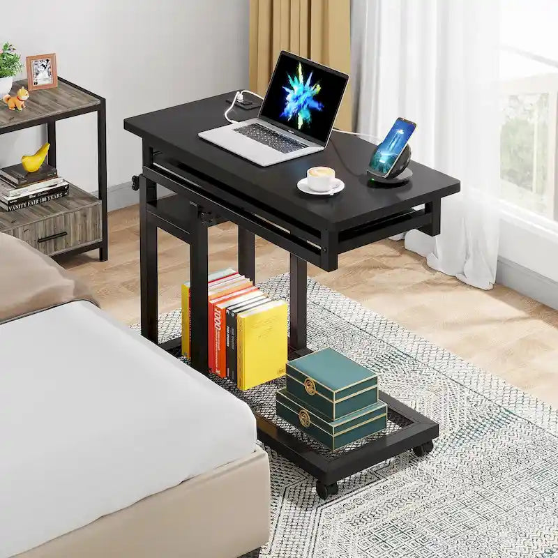 Table d'appoint roulante réglable en hauteur avec prises USB et étagères de rangement brun rustique