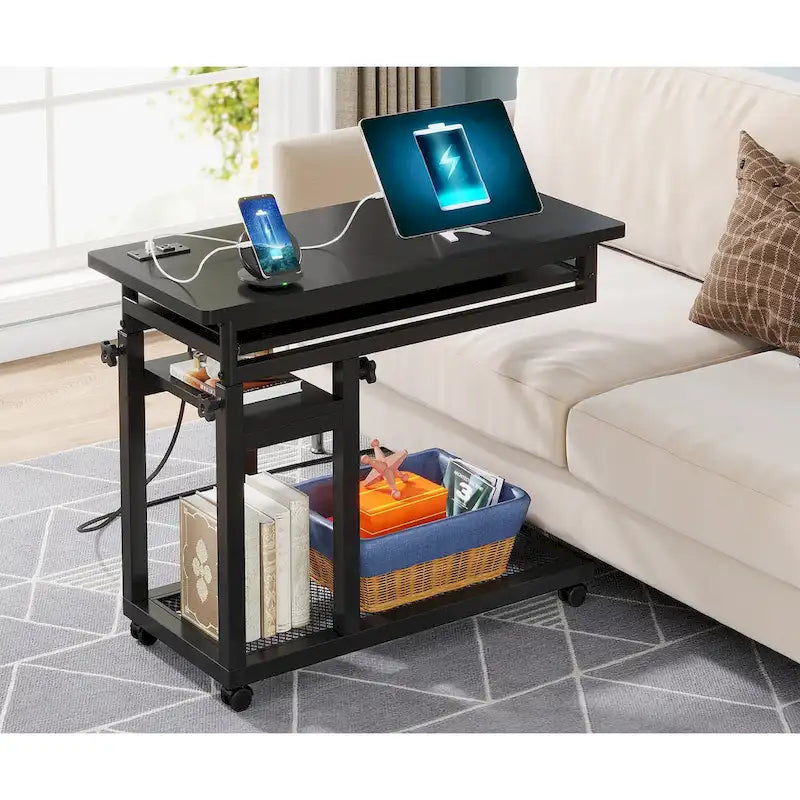 Table d'appoint roulante réglable en hauteur avec prises USB et étagères de rangement brun rustique