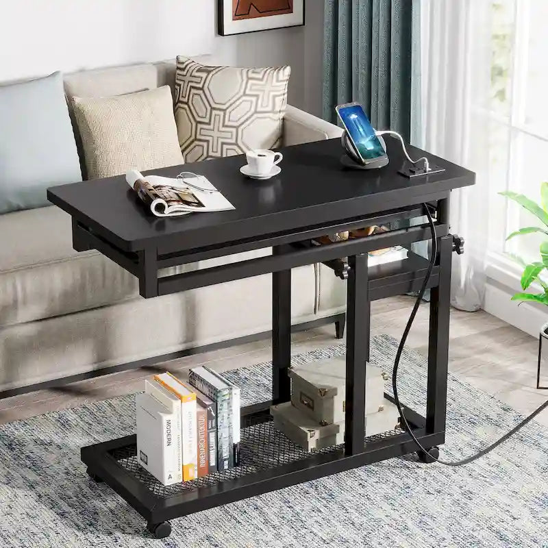 Table d'appoint roulante réglable en hauteur avec prises USB et étagères de rangement brun rustique